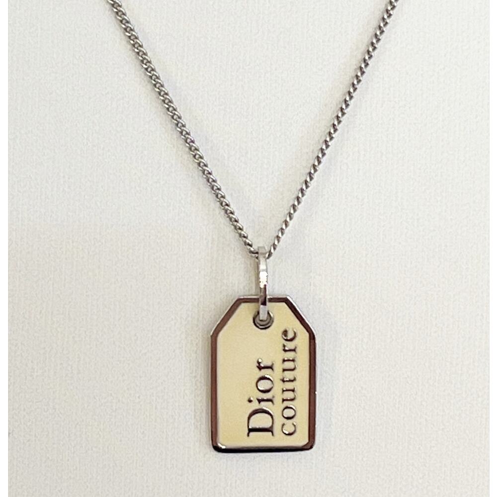 DIOR Couture Silver Tone Cream Enamel Pendant Y2K Necklace Rectangle Dog Tag
